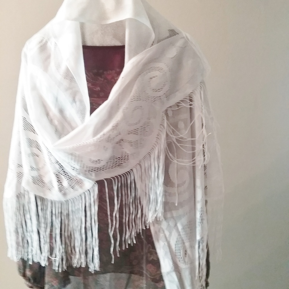White Fringed Lace Wrap Scarf - Women Accessories Scarves & Wraps